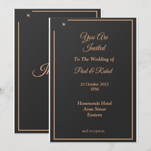 Faire-part de mariage simple, noir et or (Devant / Derrière)