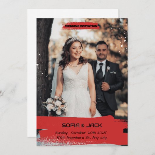 Faire-part de mariage simple rouge et noir (Devant / Derrière)