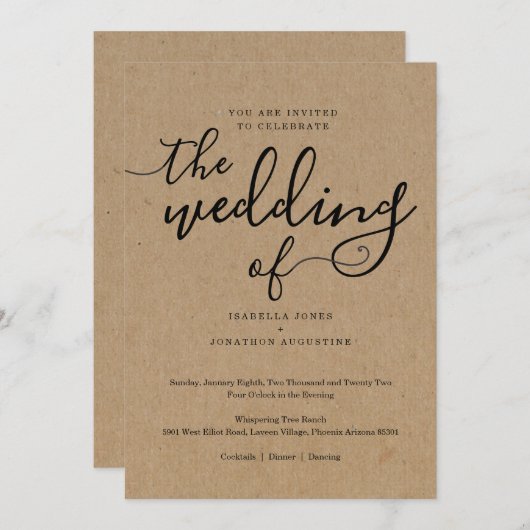 Faire-part de mariage simple sur papier Kraft (Devant / Derrière)