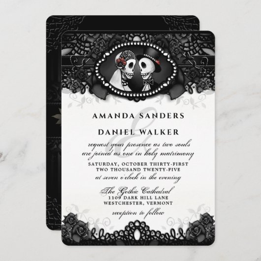 Faire-part de mariage Skeletons d'élégance noir bl (Devant / Derrière)