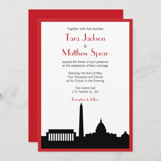 Faire-part de mariage Skyline DC - Rouge (Devant / Derrière)