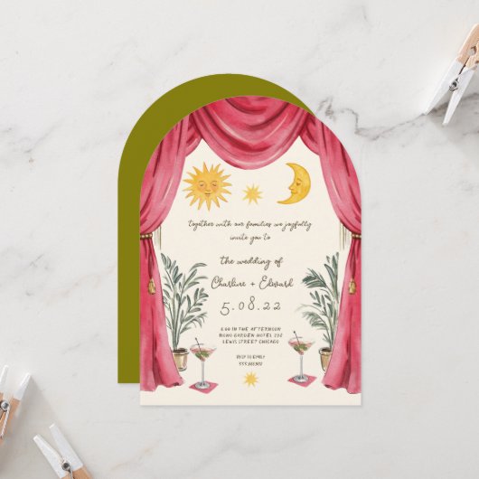 Faire-part de mariage soleil et lune peints à la m (Devant/Arrière en situation)