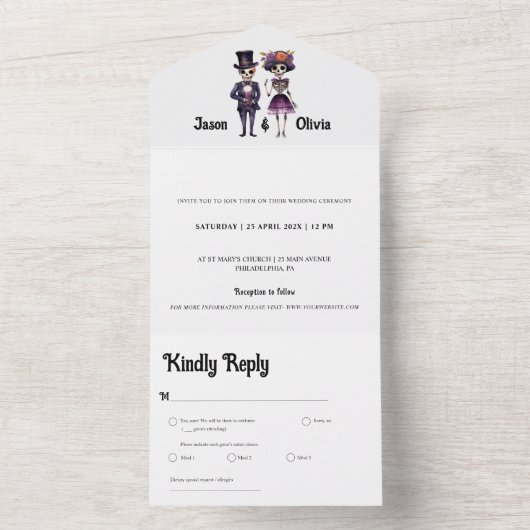 Faire-part de mariage squelette tout en un (À l'intérieur)