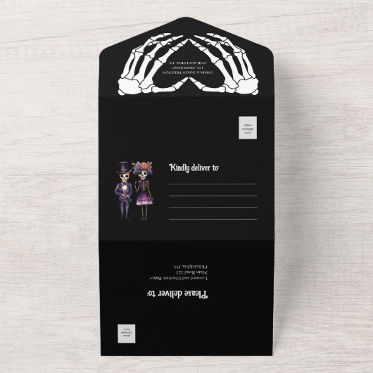 Faire-part de mariage squelette tout en un noir (Dehors)