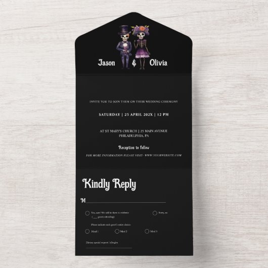 Faire-part de mariage squelette tout en un noir (À l'intérieur)