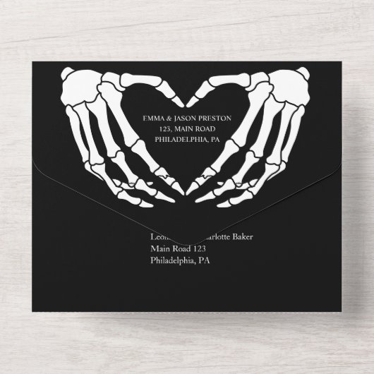 Faire-part de mariage squelette tout en un noir (Verso)