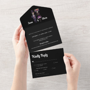 Faire-part de mariage squelette tout en un noir