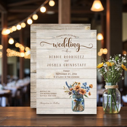 Faire-part de mariage sur bois avec fleurs en pot