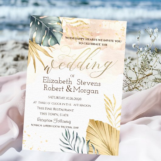 Faire-part de mariage sur la plage aux feuilles de