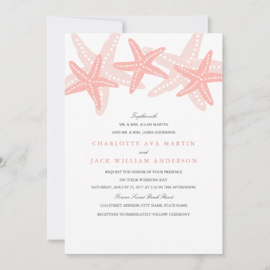 Faire-part de mariage sur la plage Peach Starfish (Devant)