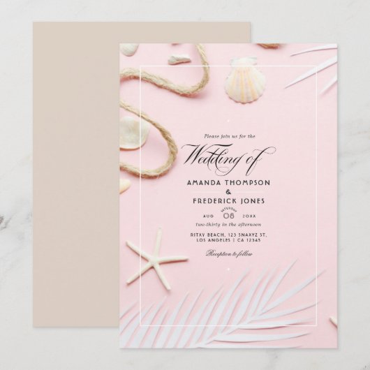 Faire-part de mariage sur la plage rose blush (Devant / Derrière)