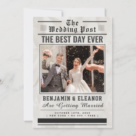 Faire-part de mariage sur papier journal rétro vin (Devant)