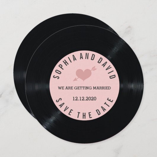 Faire-part de mariage sur vinyle rétro Blush SAVE  (Devant / Derrière)
