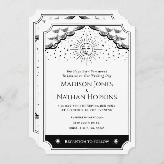 Faire-part de mariage Tarot noir et blanc Sun & Mo (Devant / Derrière)