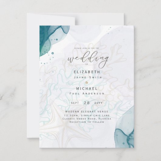 Faire-part de mariage Teal Gold Ocean Life Beach (Devant)