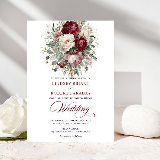 Faire-part de mariage tendance fleurs bordeaux et