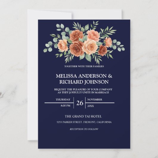 Faire-part de mariage Terracotta Rose Navy (Devant)