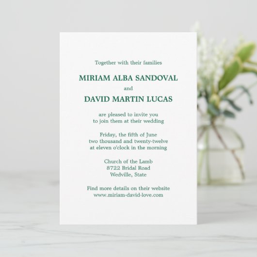 Faire-part de mariage texte vert formel minimalist (Debout devant)