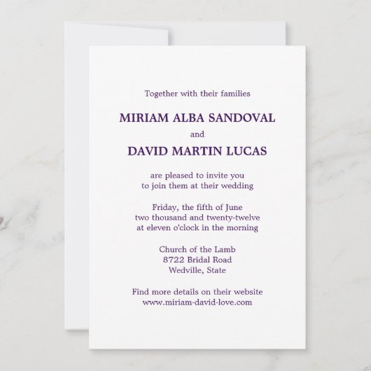 Faire-part de mariage texte violet formel minimali (Devant)