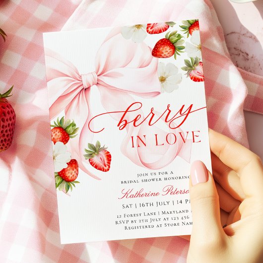 Faire-part de mariage thème fraise avec nœud rose