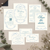 Faire-part de mariage toile de Jouy vintage bleu p