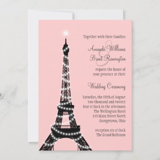 Faire-part de mariage tour Eiffel Twinkles (rose) (Devant)