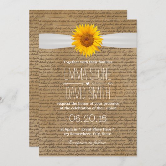 Faire-part de mariage tournesol écritures ancienne (Devant / Derrière)