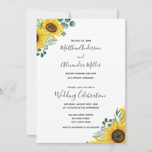 Faire-part de mariage Tournesol et réception (Devant)
