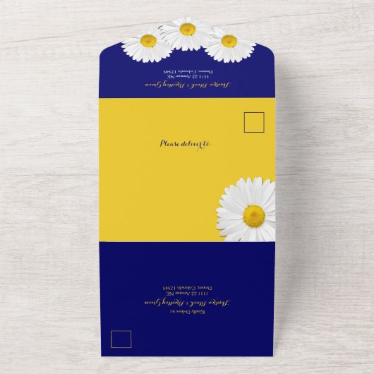 Faire-part de mariage tout-en-un Bleu marine Daisy (Dehors)