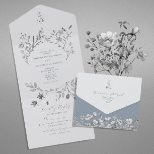 Faire-part de mariage tout-en-un bleu poussiéreux