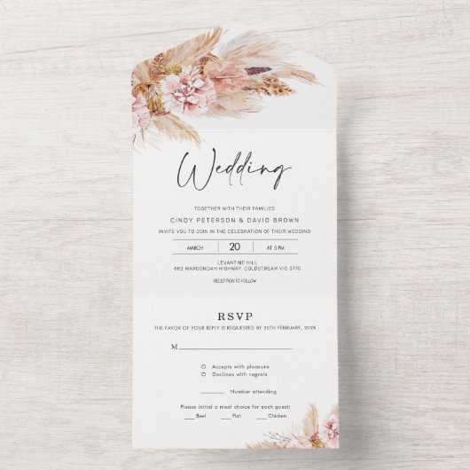 Faire-part de mariage tout-en-un Bohème Fleurs Rou (À l'intérieur)