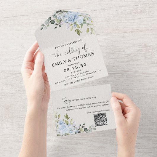 Faire-part de mariage tout-en-un botanique bleu do (Déchirure)