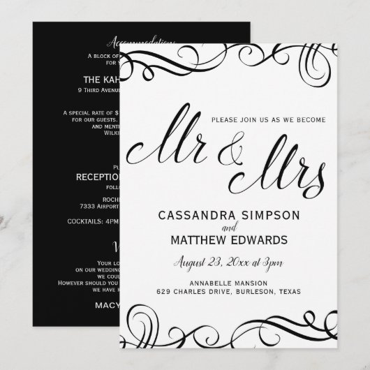Faire-part de mariage tout-en-un élégant | Noir (Devant / Derrière)