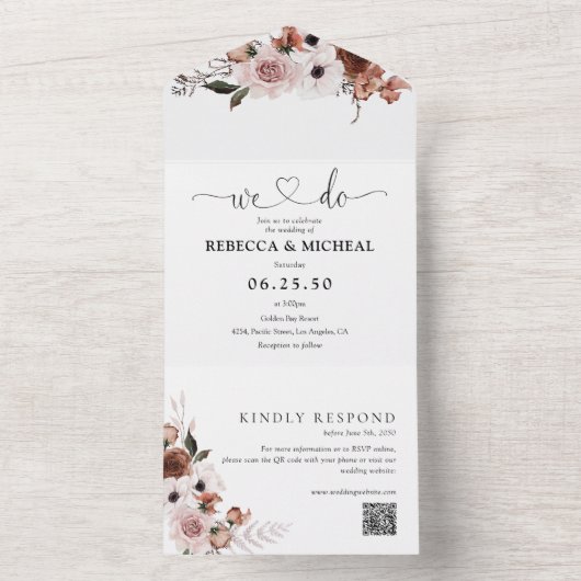 Faire-part de mariage tout-en-un Fleurs en soie (À l'intérieur)