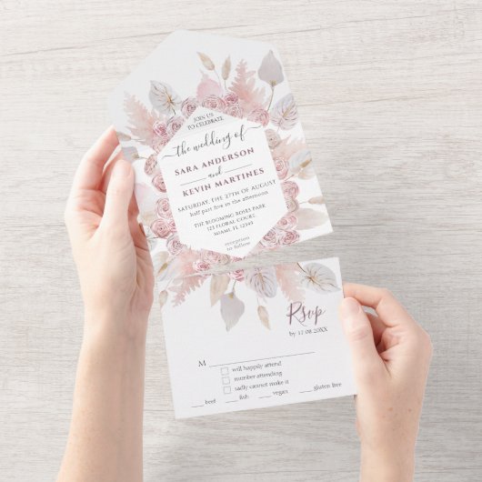 Faire-part de mariage tout-en-un floral rose poudr (Déchirure)