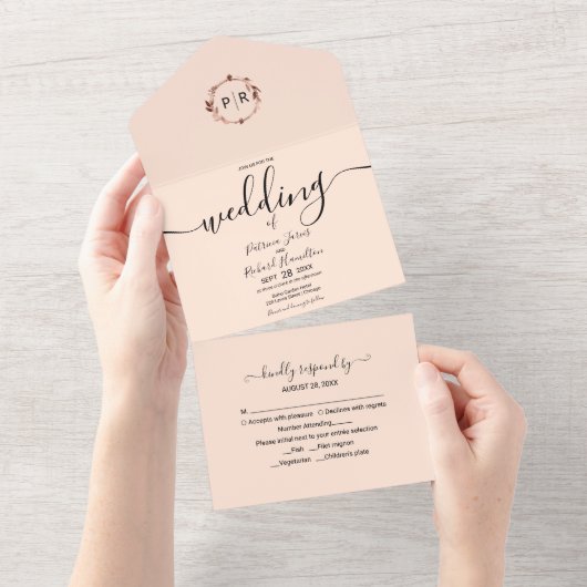 Faire-part de mariage tout-en-un Monogram Peach Ro (Déchirure)