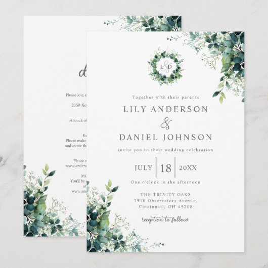 Faire-Part de Mariage Tout en Un Monogramme de Ver (Devant / Derrière)