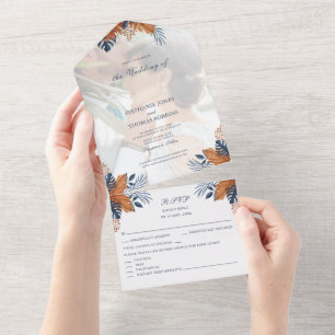 Faire-Part de Mariage Tout en Un Monstera Bleu Min