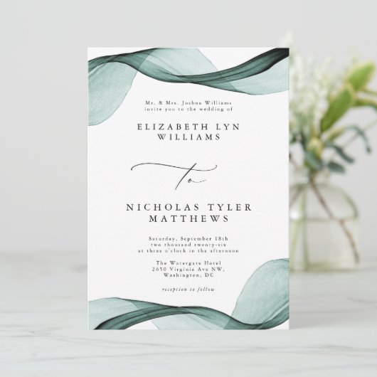 Faire-part de mariage tout-en-un vert émeraude (Debout devant)