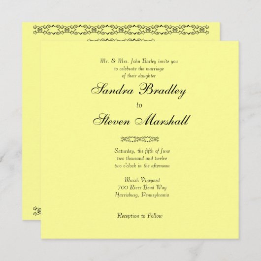 Faire-part de mariage tout simplement jaune (Devant / Derrière)