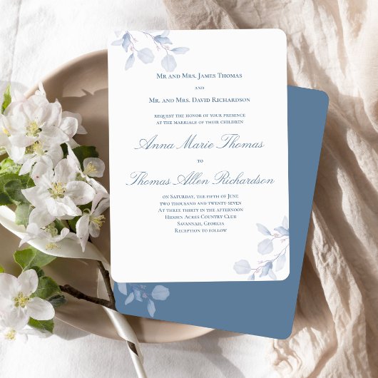 Faire-part de mariage traditionnel botanique bleu