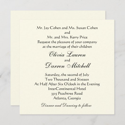 Faire-part de mariage traditionnelle classique (Devant / Derrière)