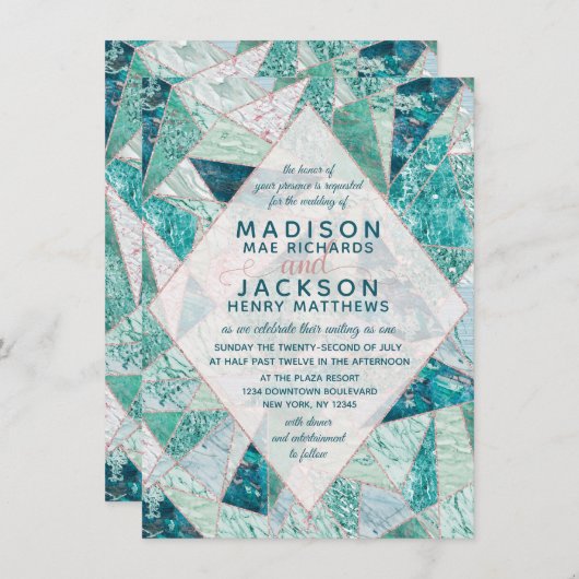 Faire-part de mariage triangles en marbre turquois (Devant / Derrière)