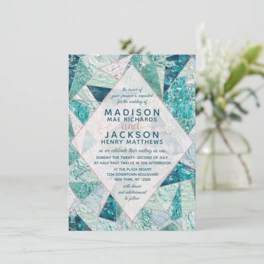 Faire-part de mariage triangles en marbre turquois (Debout devant)