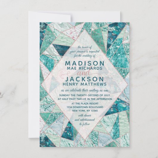 Faire-part de mariage triangles en marbre turquois (Devant)