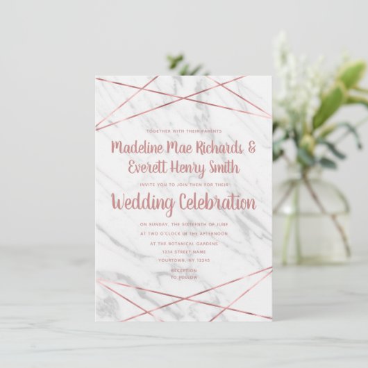 Faire-part de mariage triangulaire Rose Marbre bla (Debout devant)