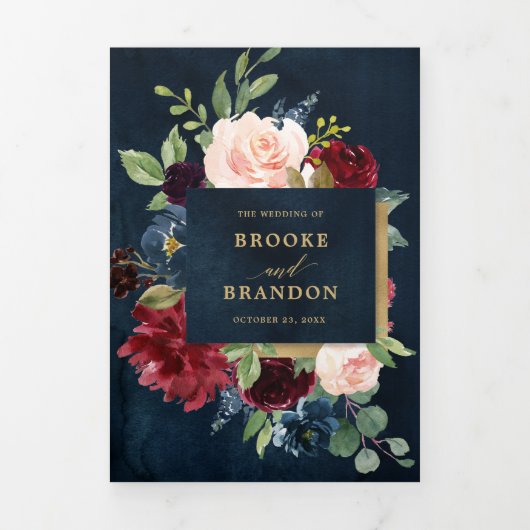 Faire-part de mariage Trifold Rouge Bourgogne Or N (Page de couverture)