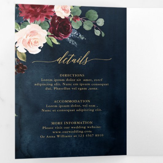 Faire-part de mariage Trifold Rouge Bourgogne Or N (Intérieur en premier)