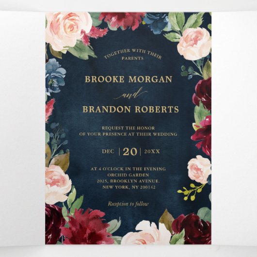 Faire-part de mariage Trifold Rouge Bourgogne Or N (Intérieur au milieu)