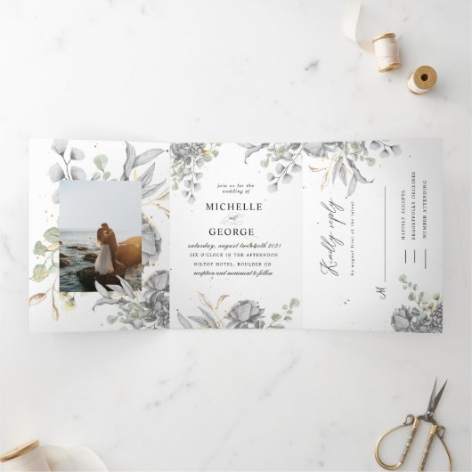 faire-part de mariage triplé floral argent dramati (Intérieur)